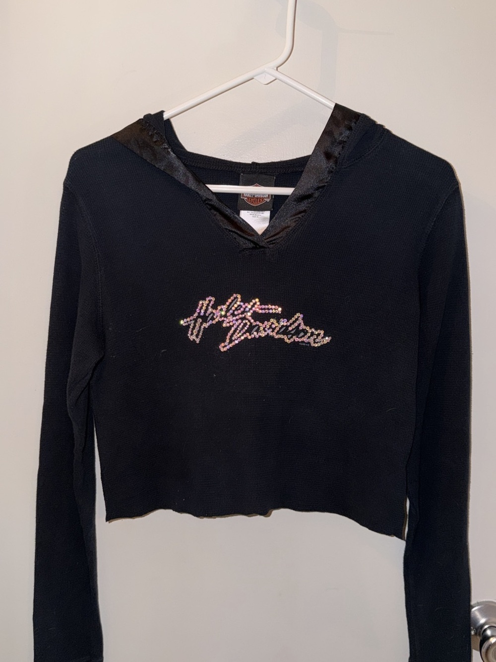 Harley-Davidson Black Cropped Hoodie with Rhinestone Script